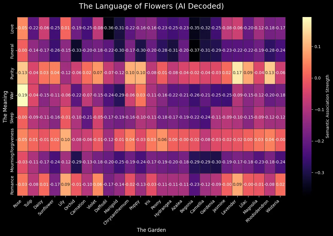 Heatmap showing semantic associations between flowers and abstract feelings